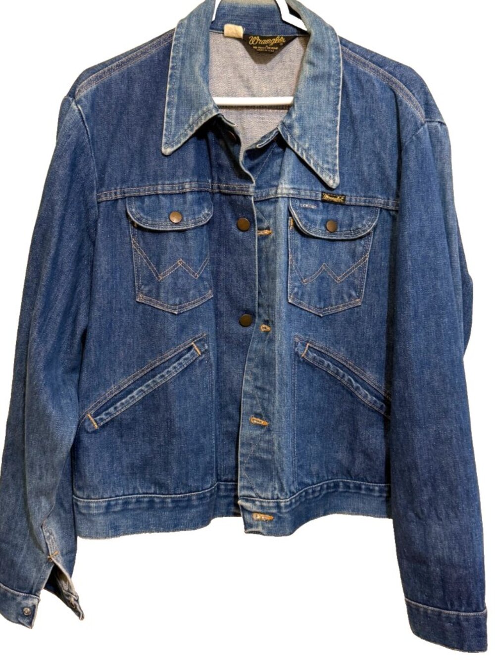 VINTAGE 70s WRANGLER NO FAULT DENIM JEAN JACKET MADE IN USA MENS XL 46"x24"